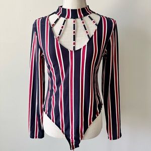 NWT Sexy Navy/Pink/White Long Sleeve Body Suit- L